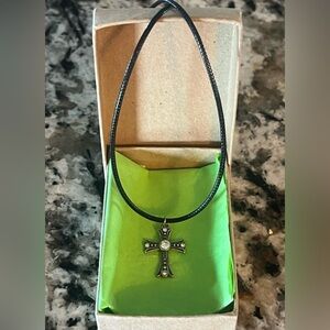 Black & Silver Cross Pendant Necklace with Gemstones on leather cord. NWT.